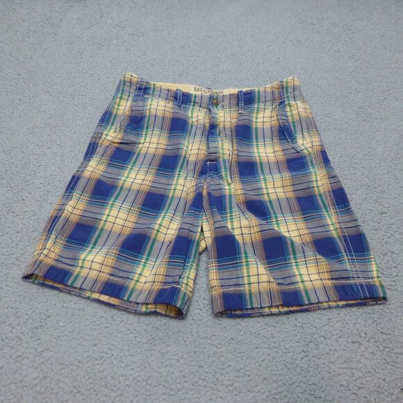 Abercrombie Fitch Shorts Mens 32 Blue Chino Relaxed Plaid Button Fly Baggy - Picture 1 of 12